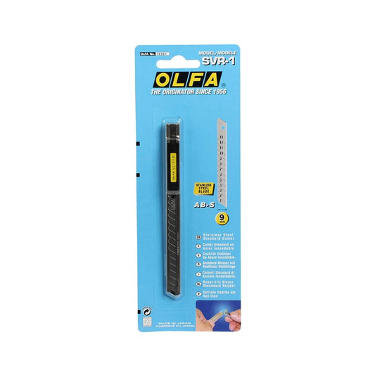 OLFA AB-5 SVR-1 utility knife in its original blue blister packaging, featuring a black and yellow handled knife and a silver straightedge ruler.