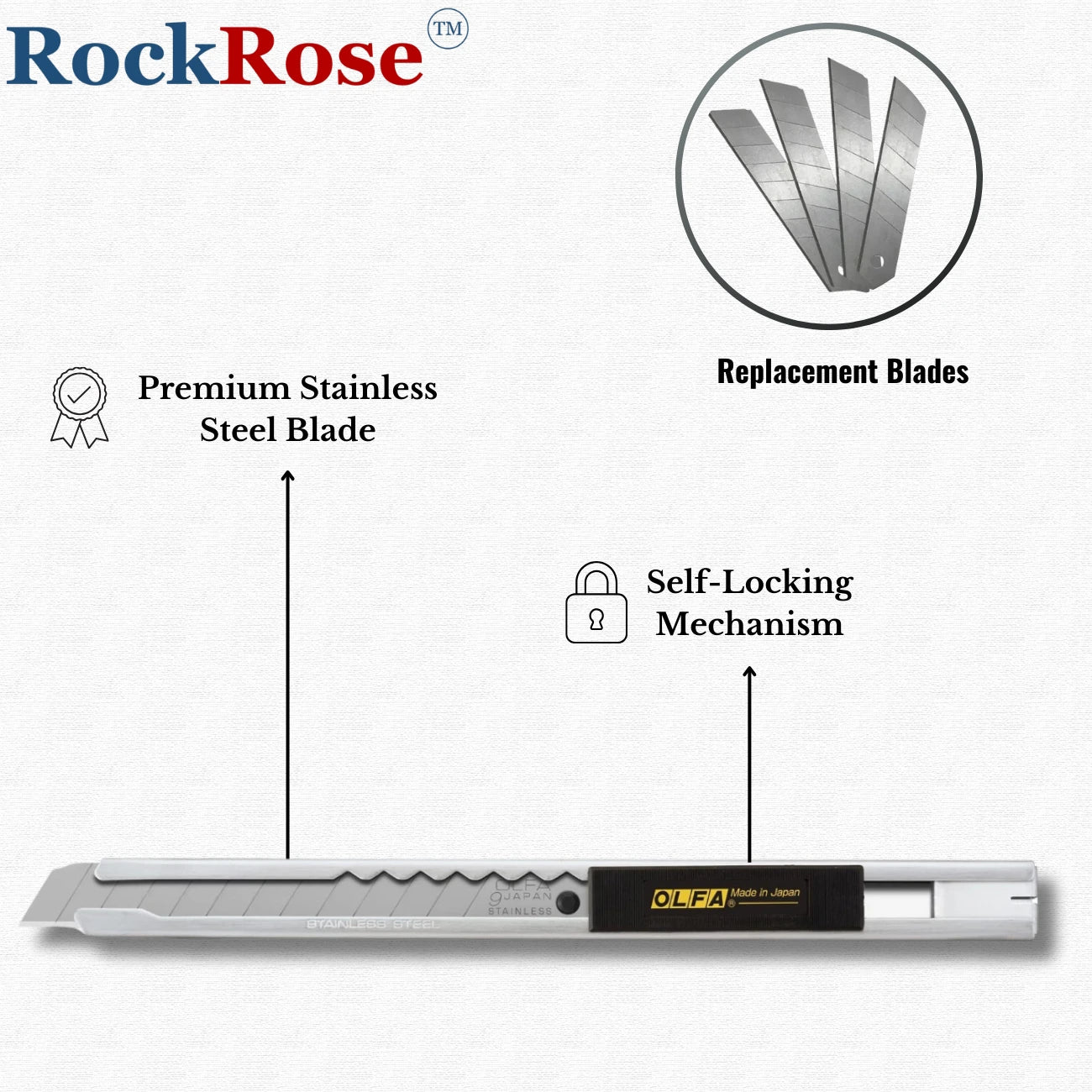 RockRose utility knife with a black and yellow logo on the handle, shown on a white background with callout graphics for premium stainless steel blade, replacement blades, and self-locking mechanism.