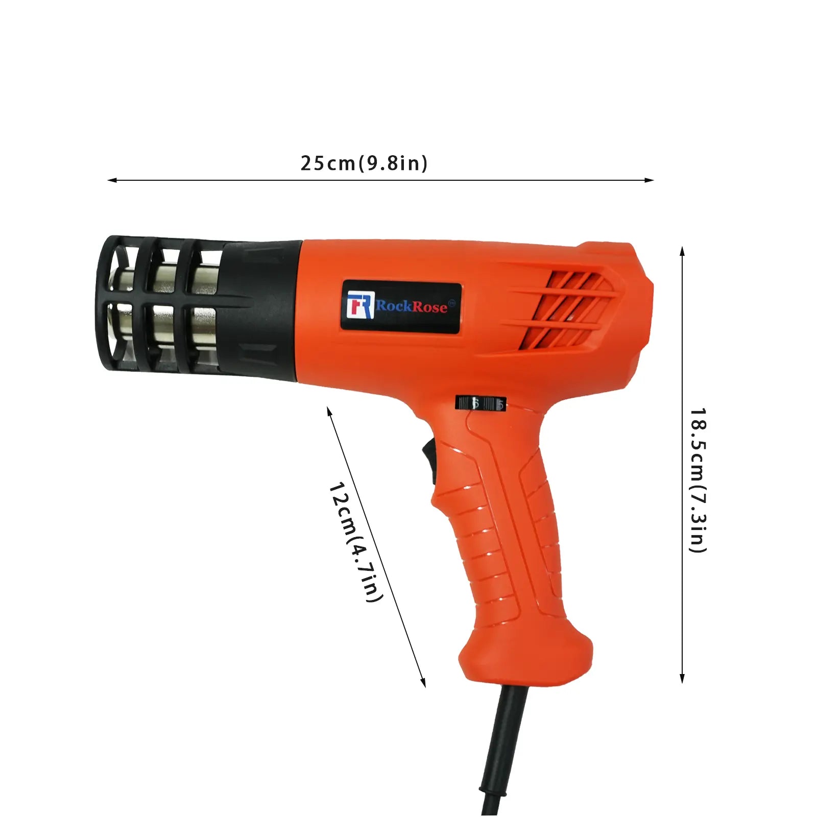 Orange heat gun with black nozzle and measurement details on a white background