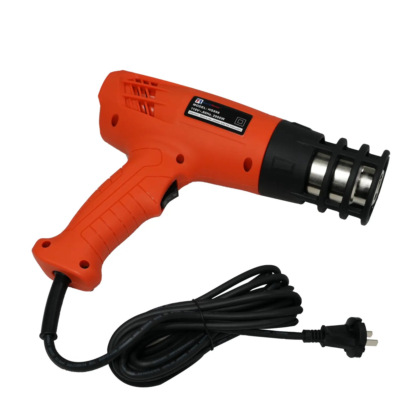 Orange and black heat gun with a long black cord on a white background
