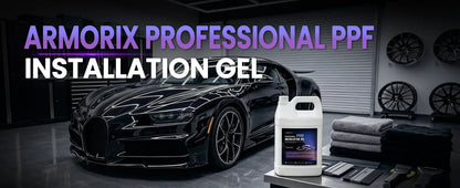 Black car with Armorix Professional PPF installation gel in a garage setting