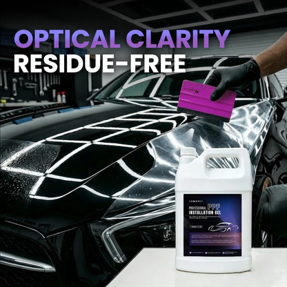 Car with a glossy finish and a bottle of 'Armorix PPF Installation Gel' in front, with text 'Optical Clarity Residue-Free'.