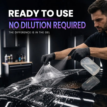 Person applying a clear PPF gel to a car's surface with text about the product's ease of use.