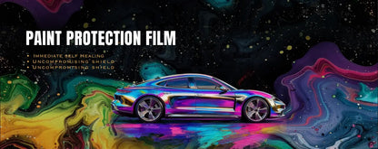 Car with paint protection film on a colorful, abstract background with text about the product.