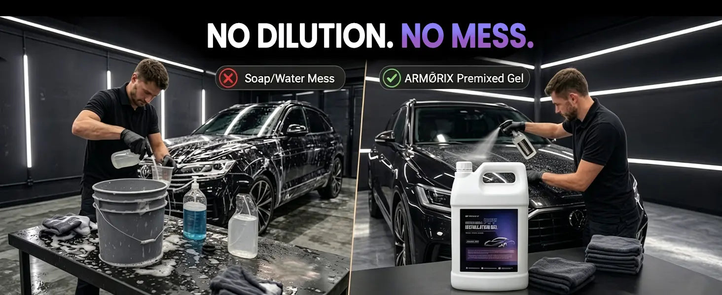 Two men washing cars with ARMOIX premixed gel and soap/water mess, emphasizing no dilution and no mess.