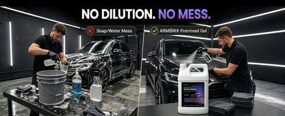 Two men washing cars with ARMOIX premixed gel and soap/water mess, emphasizing no dilution and no mess.