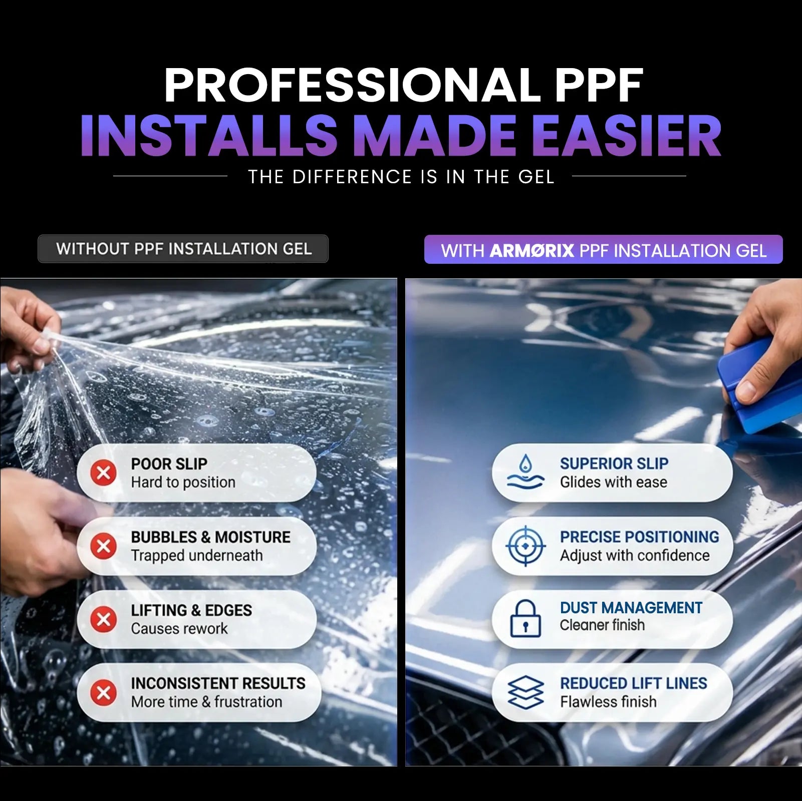 Comparison of PPF installation with and without Armorix PPF installation gel on a car surface.