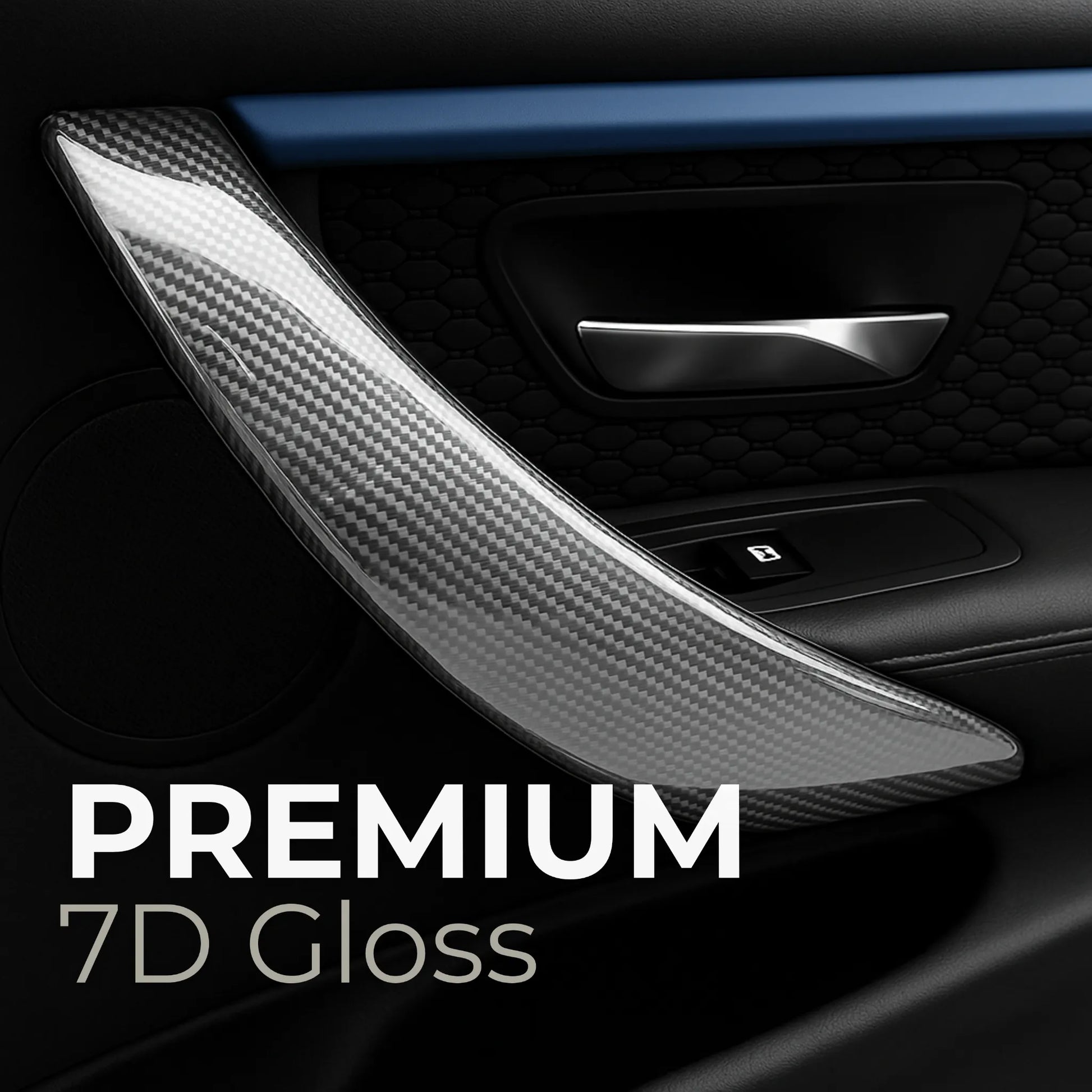 Detail of a car interior door trim wrapped in RockRose 7D carbon fiber film, showcasing its premium high-gloss finish and luxurious texture.