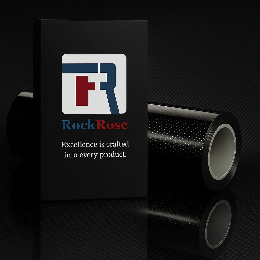 RockRose branding with 7D carbon fiber wrap roll in the background, emphasizing premium quality and product craftsmanship.