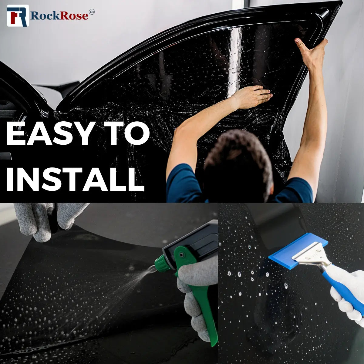 Person installing a nano ceramic tint with tools and text 'Easy to Install' and 'RockRose' brand.
