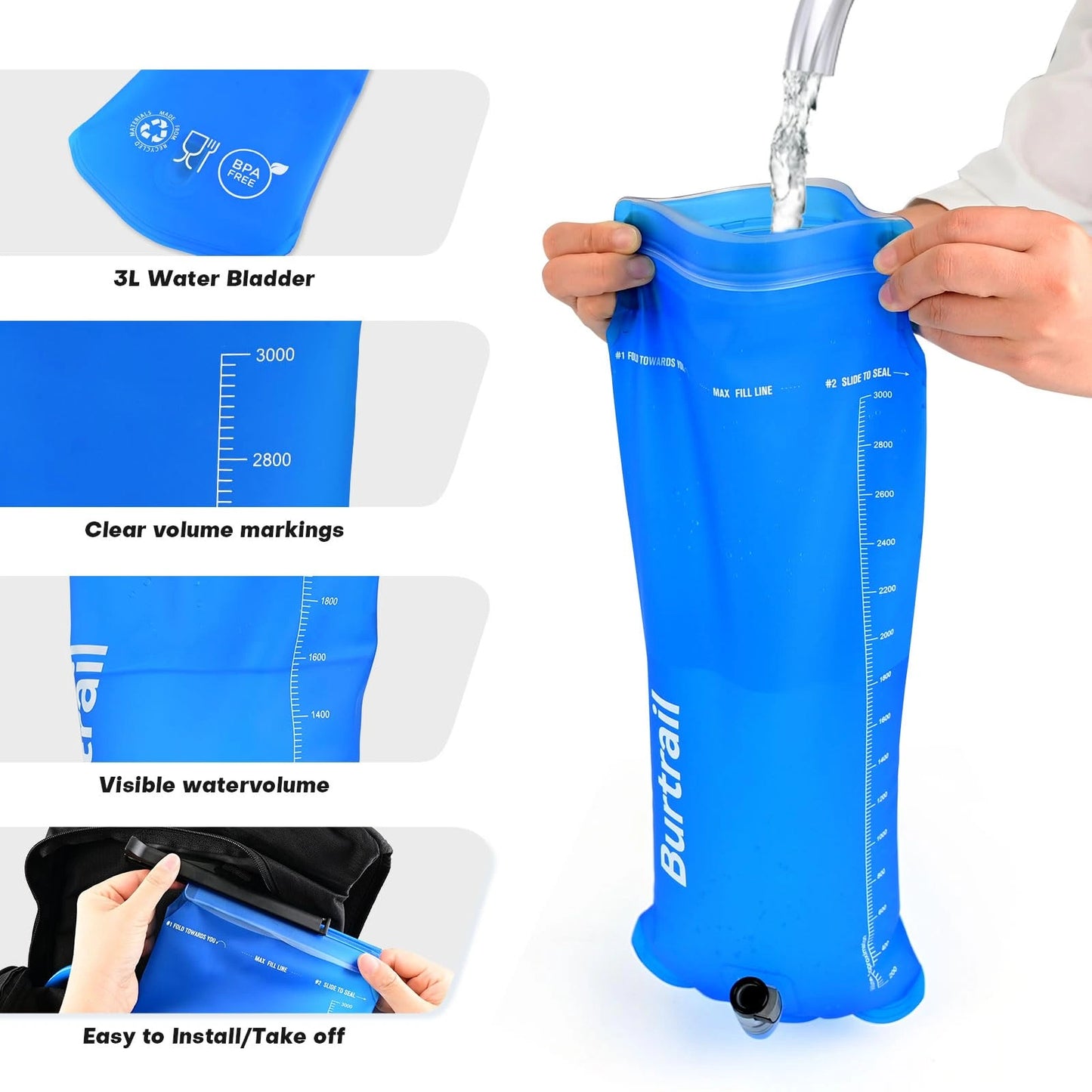 Blue 3L water bladder with clear volume markings being filled, held by a person.