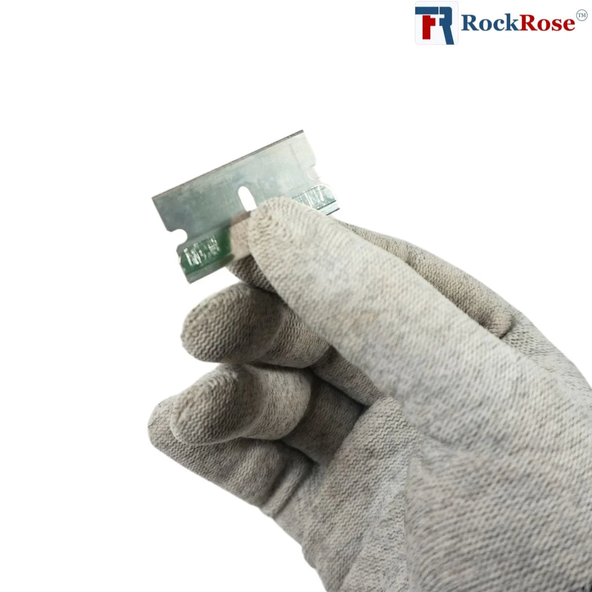 Gray glove holding a razor blade with 'RockRose' branding on a white background