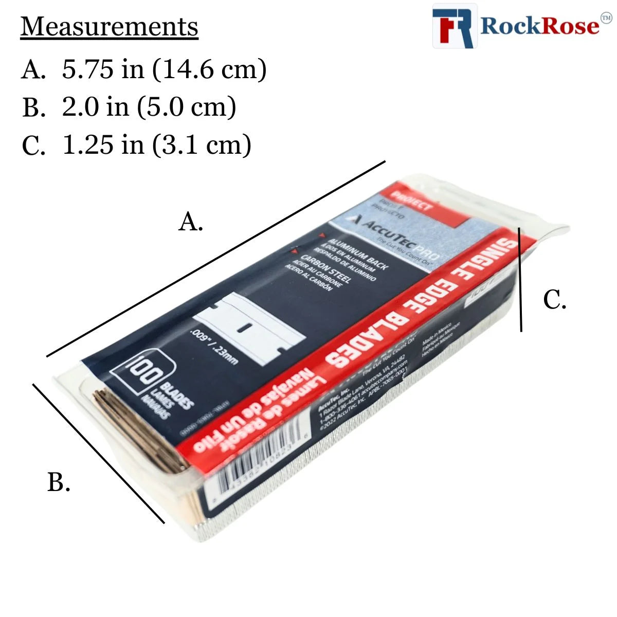 Packaged wing tip blade set with measurements and RockRose branding.