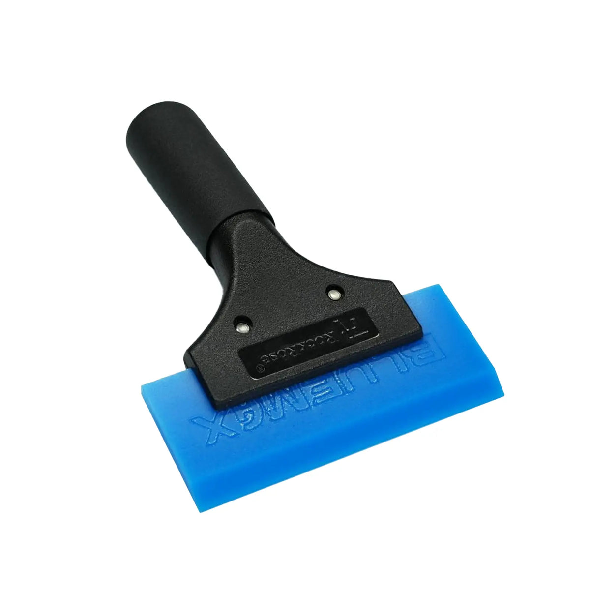 A black plastic squeegee with a bright blue rubber blade, shown on a plain white background. The brand name 'Rockrose' is embossed on the blue blade.