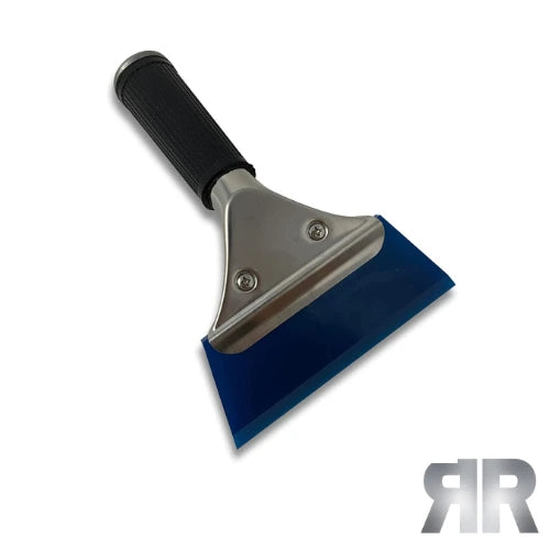 A stainless steel squeegee with an anti-slip black handle and a 5-inch blue rubber blade