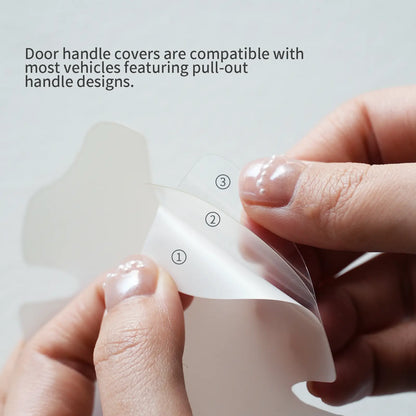 Person holding a white door handle cover  PPF with text about compatibility on a light gray background