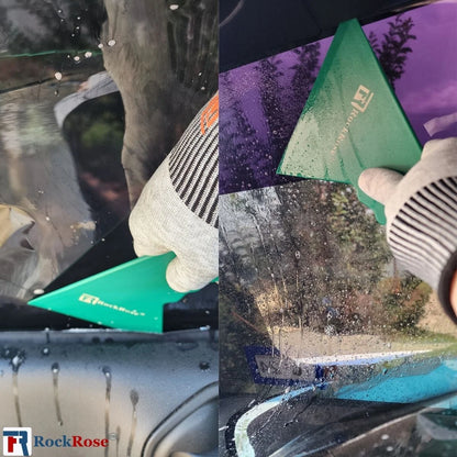Collage of a person cleaning a car window with a green squeegee, featuring RockRose branding.