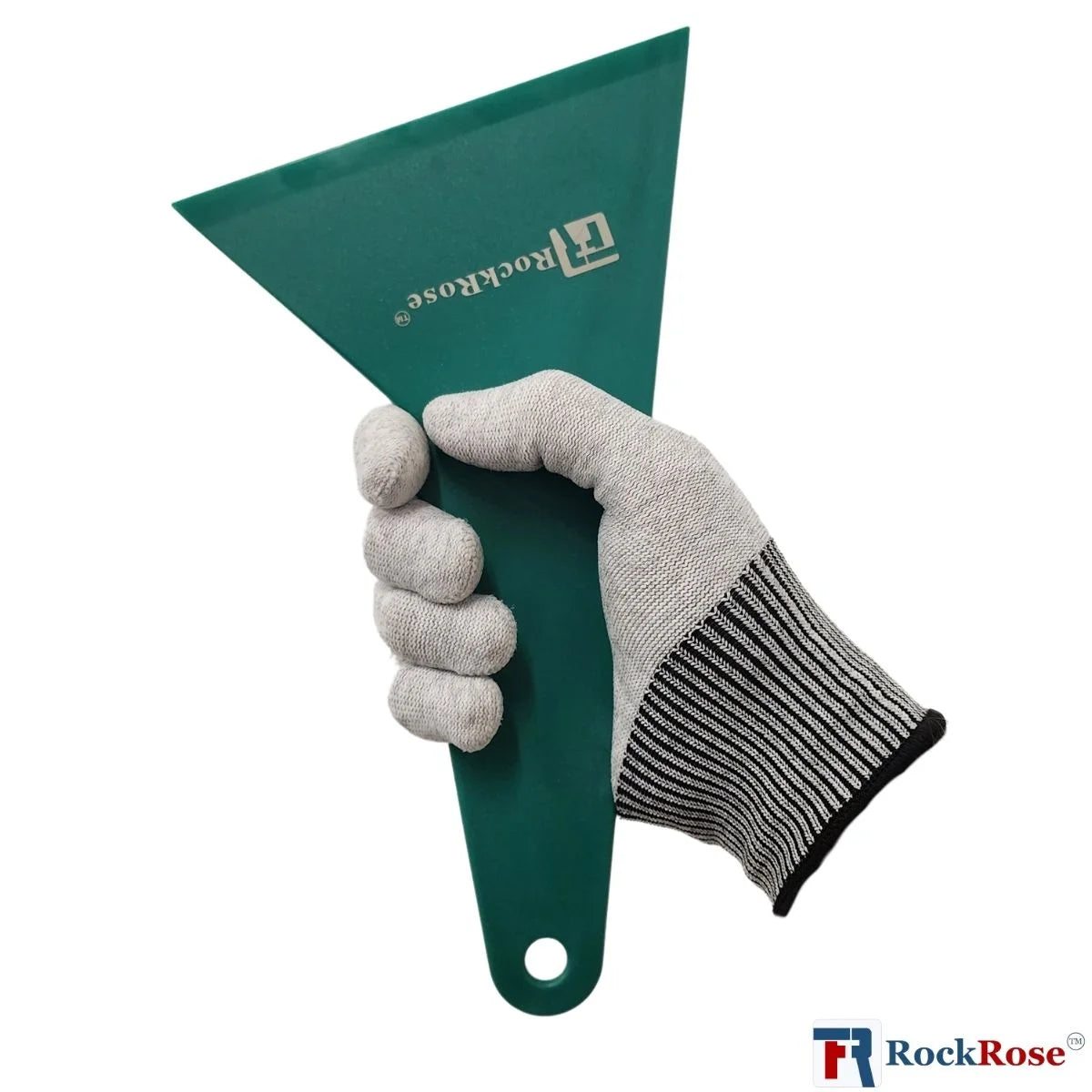 Quick Foot Squeegee – Green held by a gloved hand on a white background with RockRose branding.