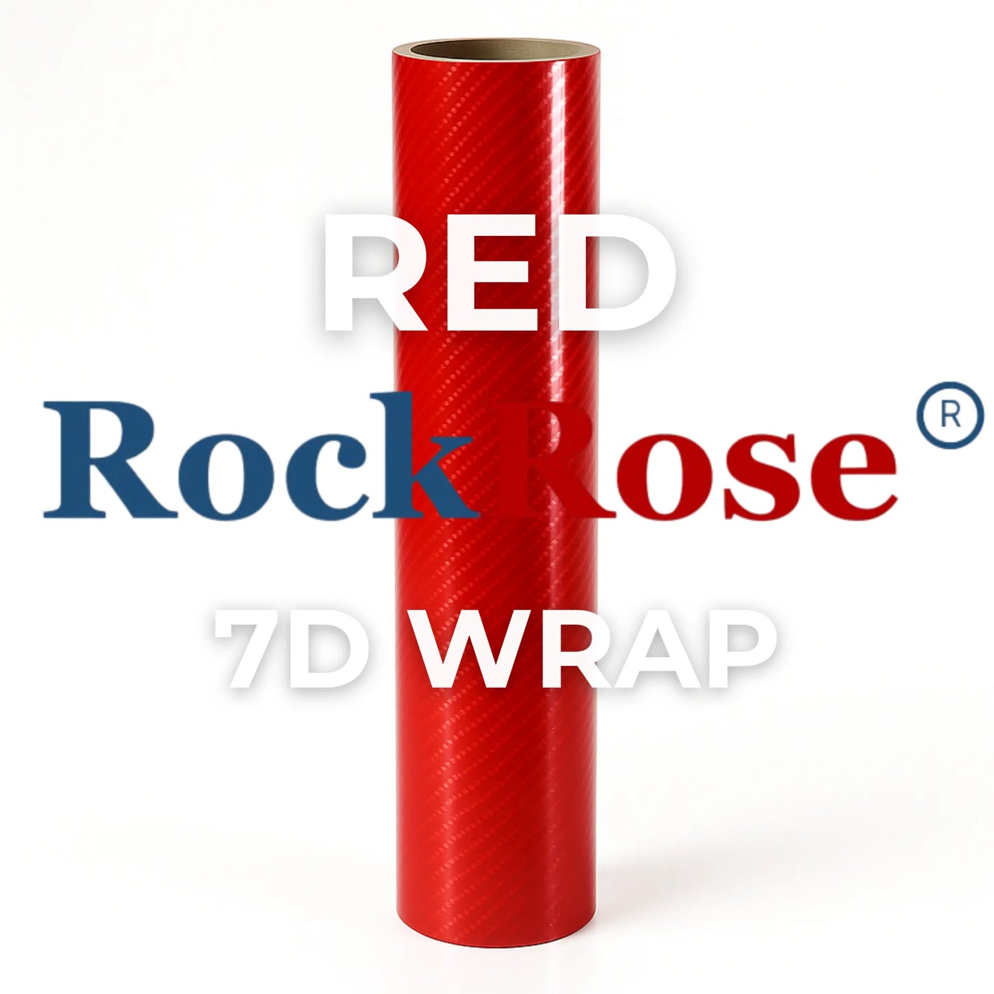 Red 7D carbon fiber vinyl wrap roll by RockRose displayed vertically with brand logo, showcasing its premium finish and vibrant color.