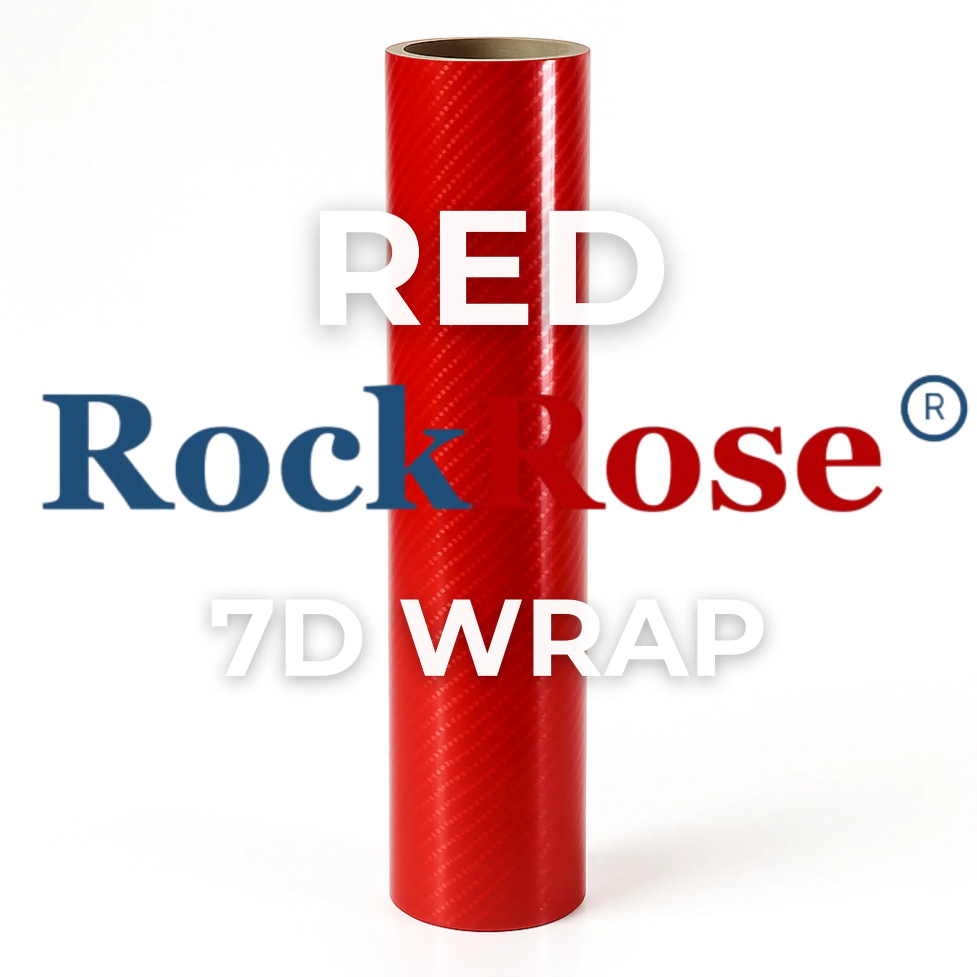 Red 7D carbon fiber vinyl wrap roll by RockRose displayed vertically with brand logo, showcasing its premium finish and vibrant color.