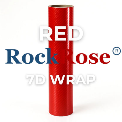 Red 7D carbon fiber vinyl wrap roll by RockRose displayed vertically with brand logo, showcasing its premium finish and vibrant color.