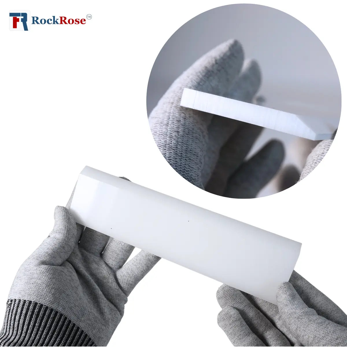White plastic strip held by a gloved hand with a close-up inset showing texture details.
