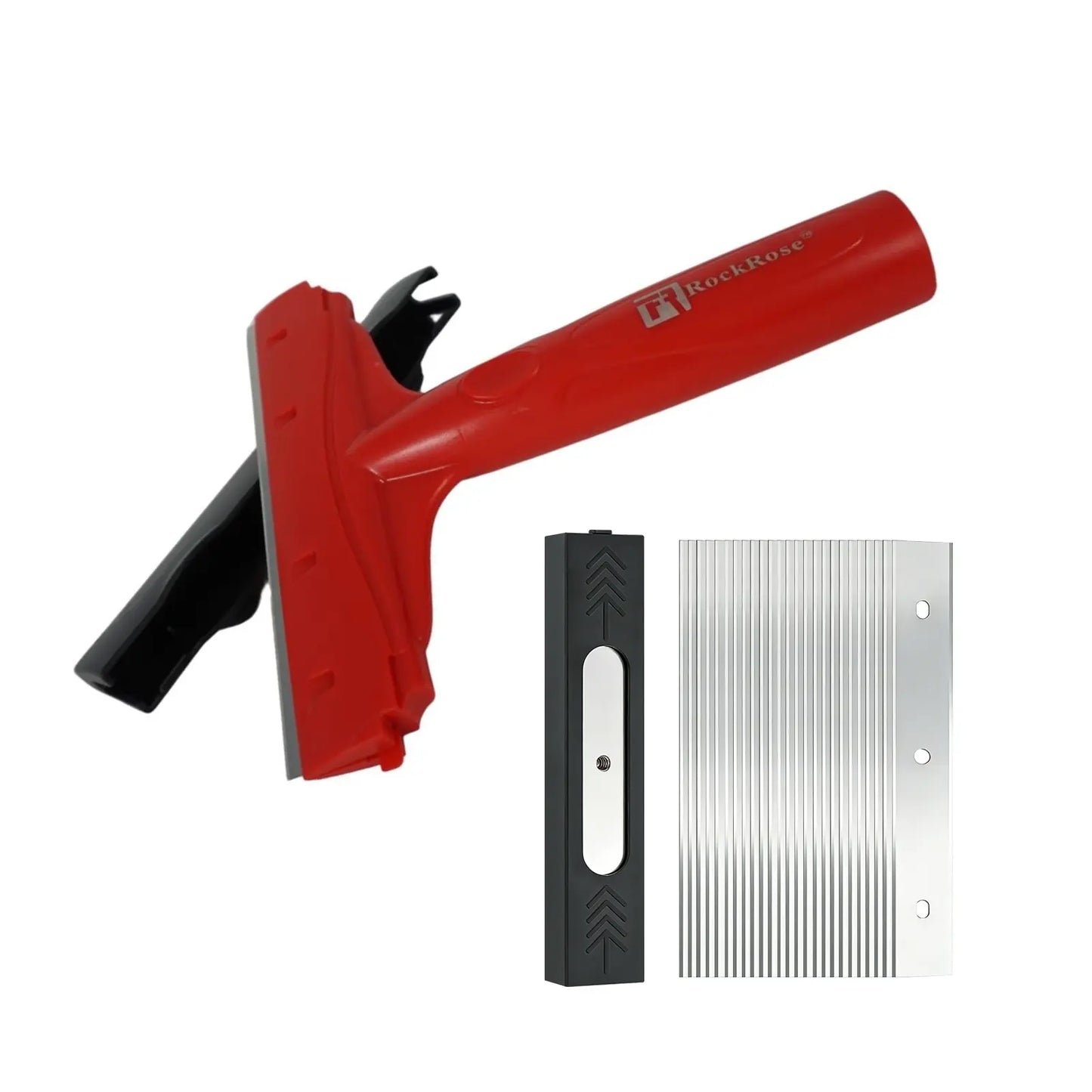 Red and black squeegee with a metal blade on a white background with rockrose logo