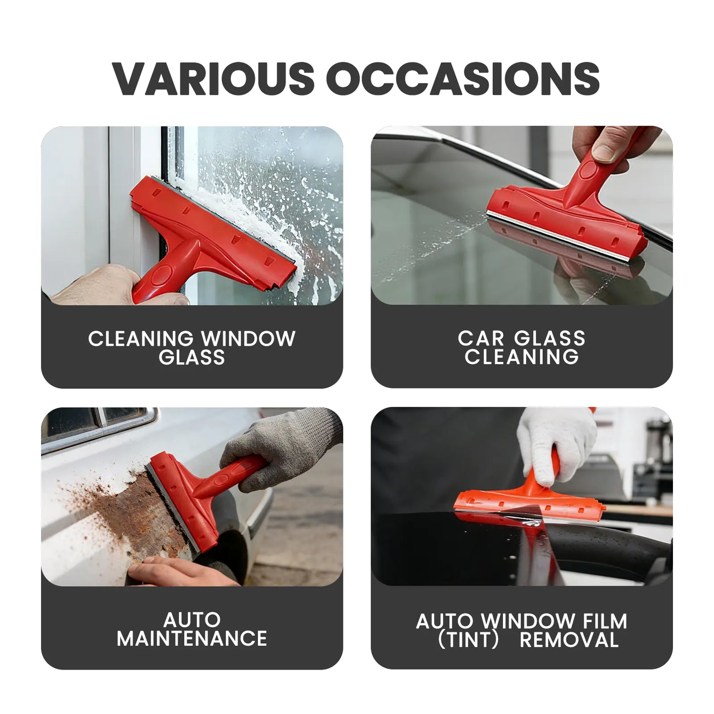 Red window cleaning tool used for various tasks including window cleaning, car glass cleaning, auto maintenance, and auto window film removal.