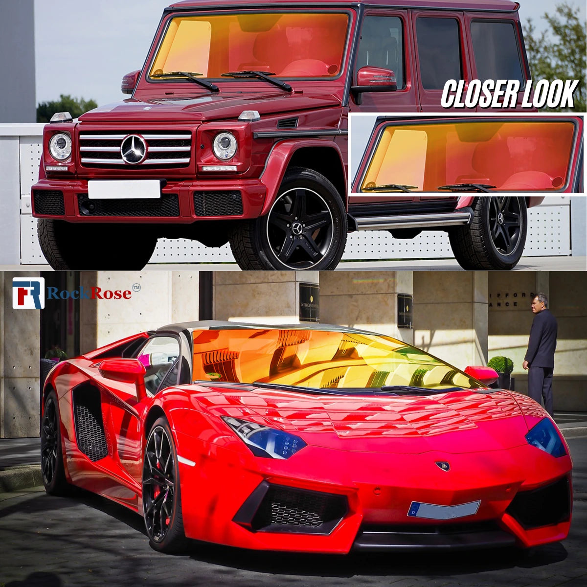 Collage of a red Mercedes-Benz G-Class and a red sports car with 'Rose Rose' branding.