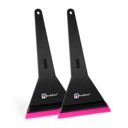 Two RockRose plastic ice scrapers with black handles and bright pink blades, shown on a clean white background.