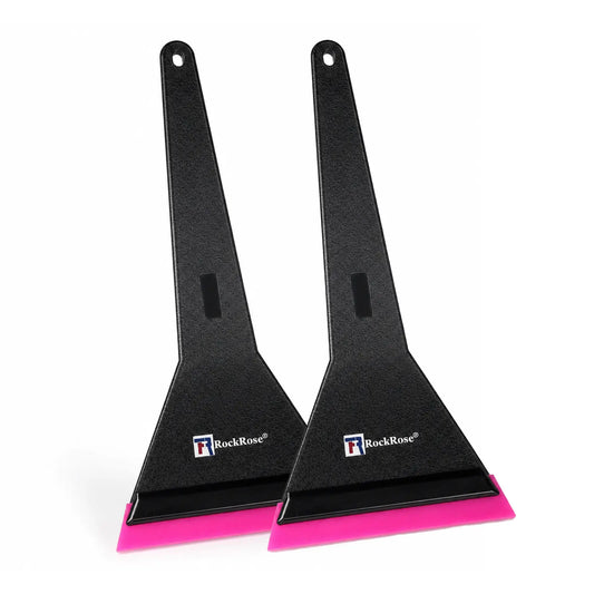 Two RockRose plastic ice scrapers with black handles and bright pink blades, shown on a clean white background.
