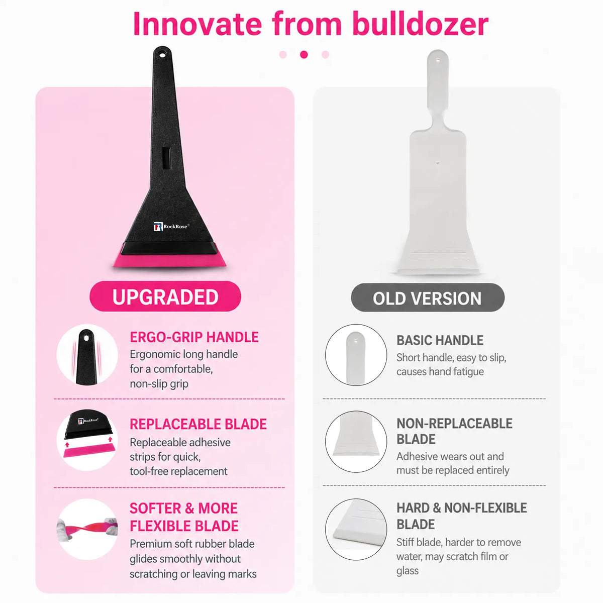 A product comparison infographic for a bulldozer-style cleaning tool RockRose Long Handle Window Tint Squeegee . The left panel shows the upgraded version with a black ergonomic handle, pink and white replaceable blade, and feature callouts.