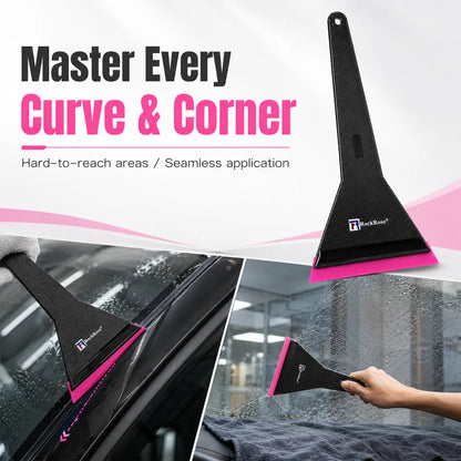 RockRose Long Handle Window Tint Squeegee  car window scraper with a bright pink scraper edge, shown in a collage with text reading 'Master Every Curve & Corner' and usage examples on a car window and windshield. A hand is visible holding the scraper in one panel.
