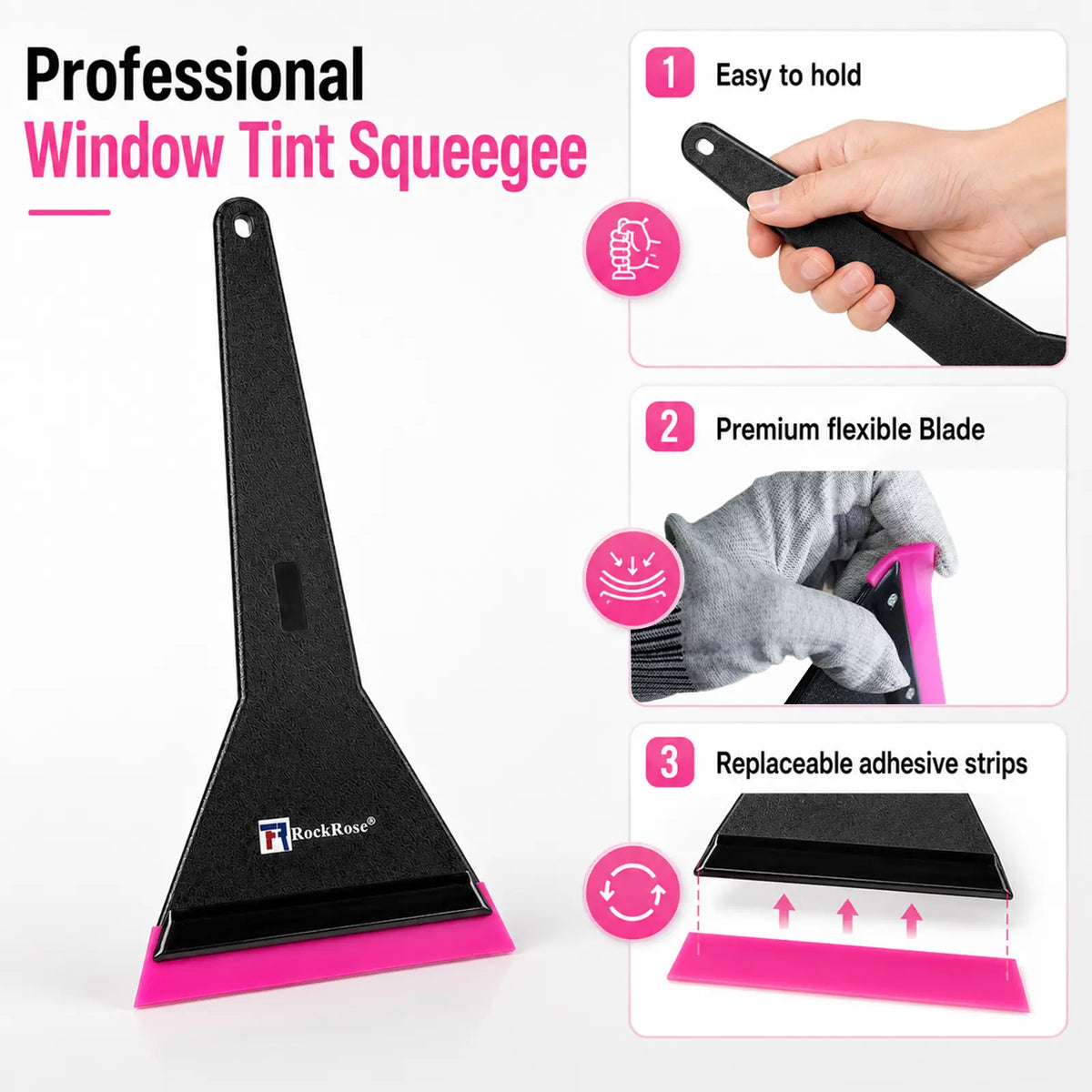 Black and pink RockRose Long Handle Window Tint Squeegee  window tint squeegee shown on a white background with three feature callout panels: a hand holding it, a gloved demonstration of flexibility, and an illustration of replaceable adhesive strips.