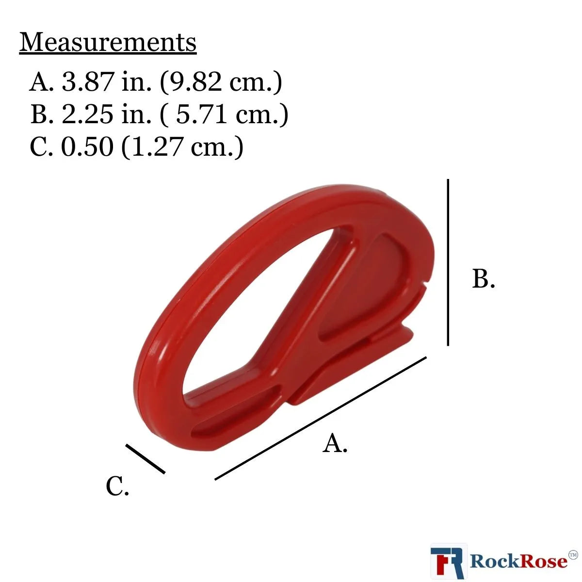 Red Safety Film Cutter – Shielded Blade Tool with measurements labeled on a white background, featuring the RockRose logo.