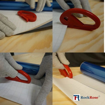 Collage of a red tool being used on various surfaces with 'RockRose' branding.