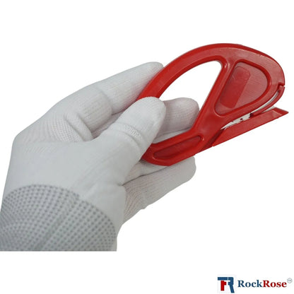 Red Safety Film Cutter – Shielded Blade Toolheld by a gloved hand on a white background, with RockRose logo.
