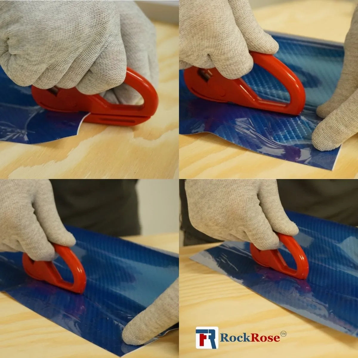 Collage of hands using a red tool on blue plastic sheet with RockRose logo.