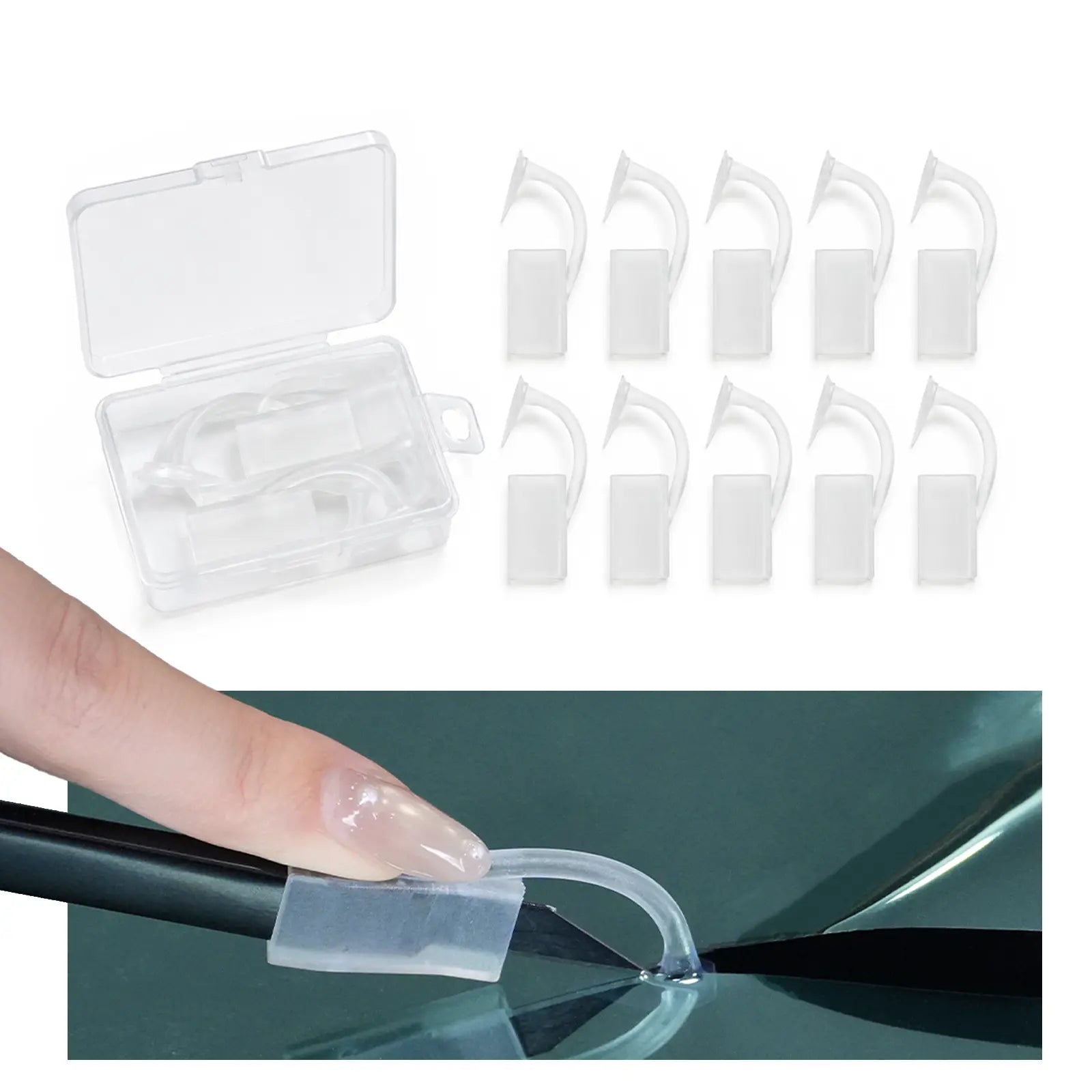 Ten clear plastic hook-shaped adhesive covers with a small clear storage case, shown on a white background, plus a demonstration photo at the bottom showing a finger applying one piece to a black tool over a dark reflective surface.