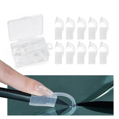 Ten clear plastic hook-shaped adhesive covers with a small clear storage case, shown on a white background, plus a demonstration photo at the bottom showing a finger applying one piece to a black tool over a dark reflective surface.