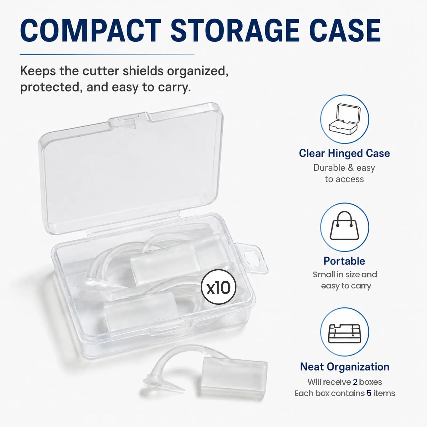 Transparent compact storage  for  Window Tint Cutting Tool Guide case shown open on a white background, with text and icons describing features: clear hinged case, portable, neat organization, and x10 count. The product appears to be a set of small clear protective storage pieces for cutter shields.