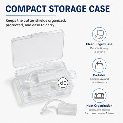 Transparent compact storage  for  Window Tint Cutting Tool Guide case shown open on a white background, with text and icons describing features: clear hinged case, portable, neat organization, and x10 count. The product appears to be a set of small clear protective storage pieces for cutter shields.