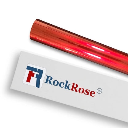 Cherry red metallic vinyl wrap with RockRose branding on a white background