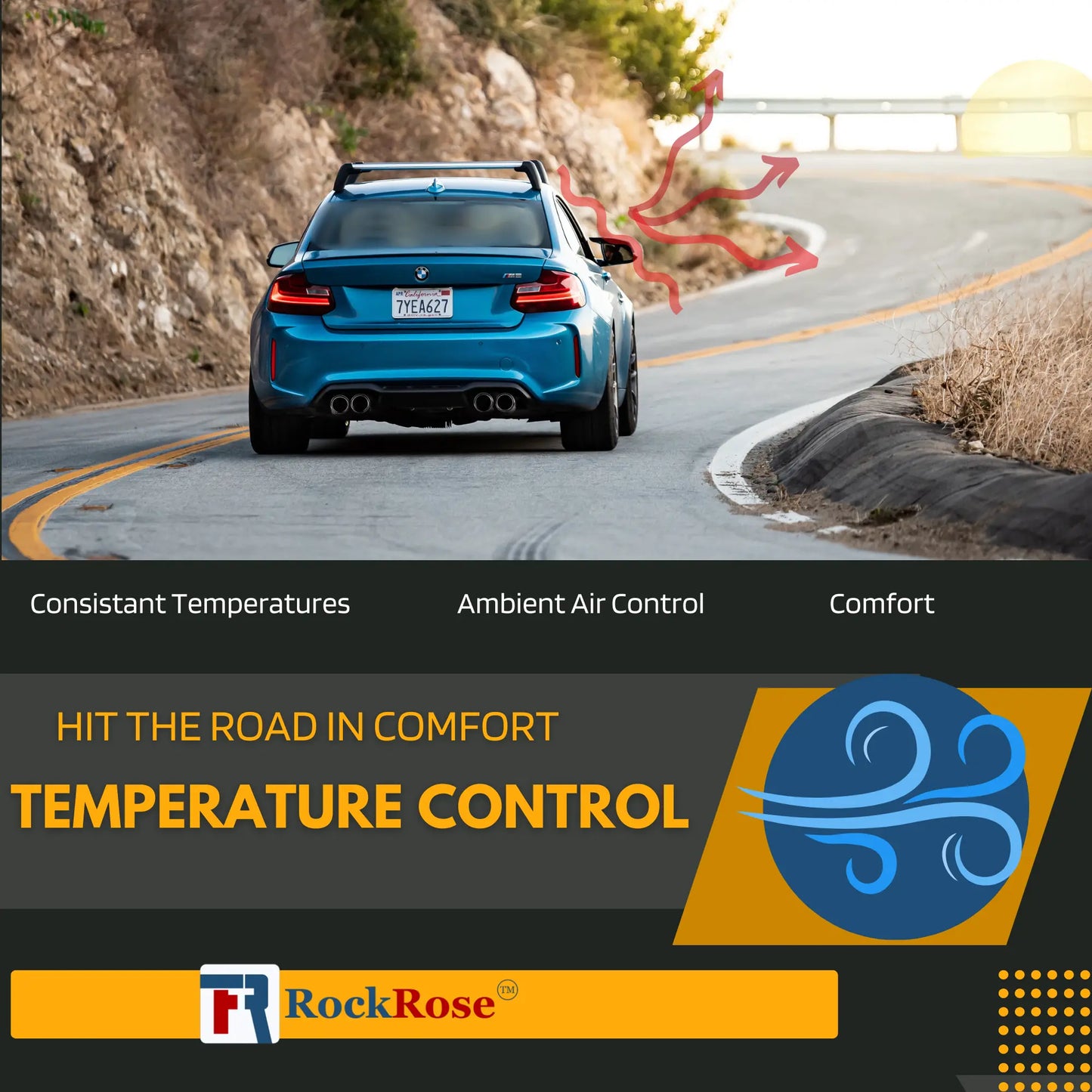 Blue car on a winding road with temperature control advertisement text overlay and rockrose logo