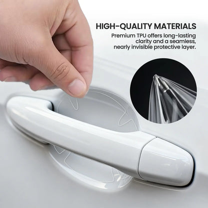 Car door handle with a clear PPF paint protection film being applied, highlighting high-quality materials.