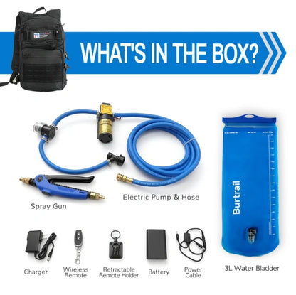 An e-commerce product box contents graphic showing a black backpack, a blue hose with an electric pump, a blue 3L water bladder branded 'Burtrail', a blue spray gun, a remote, a battery, and a charger, all labeled and arranged on a white background under a blue header that reads 'WHAT'S IN THE BOX?'.