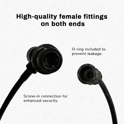 Black female connector fittings on cables with text callouts reading 'High-quality female fittings on both ends,' 'O-ring included to prevent leakage,' and 'Screw-in connection for enhanced security' on a white textured background.