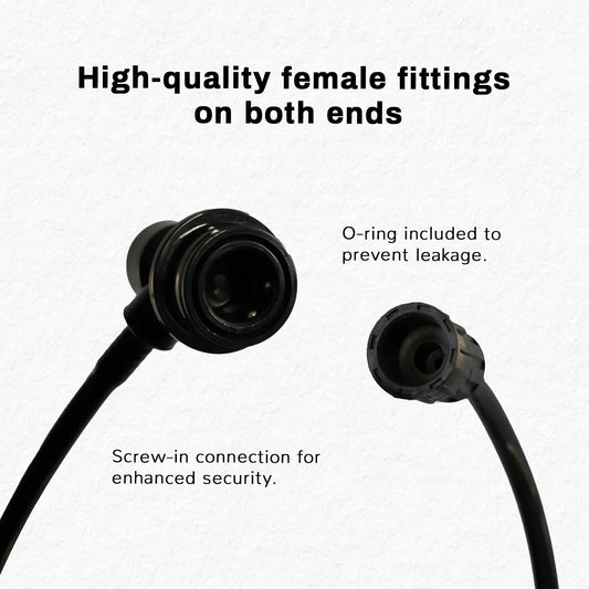 Black female connector fittings on cables with text callouts reading 'High-quality female fittings on both ends,' 'O-ring included to prevent leakage,' and 'Screw-in connection for enhanced security' on a white textured background.