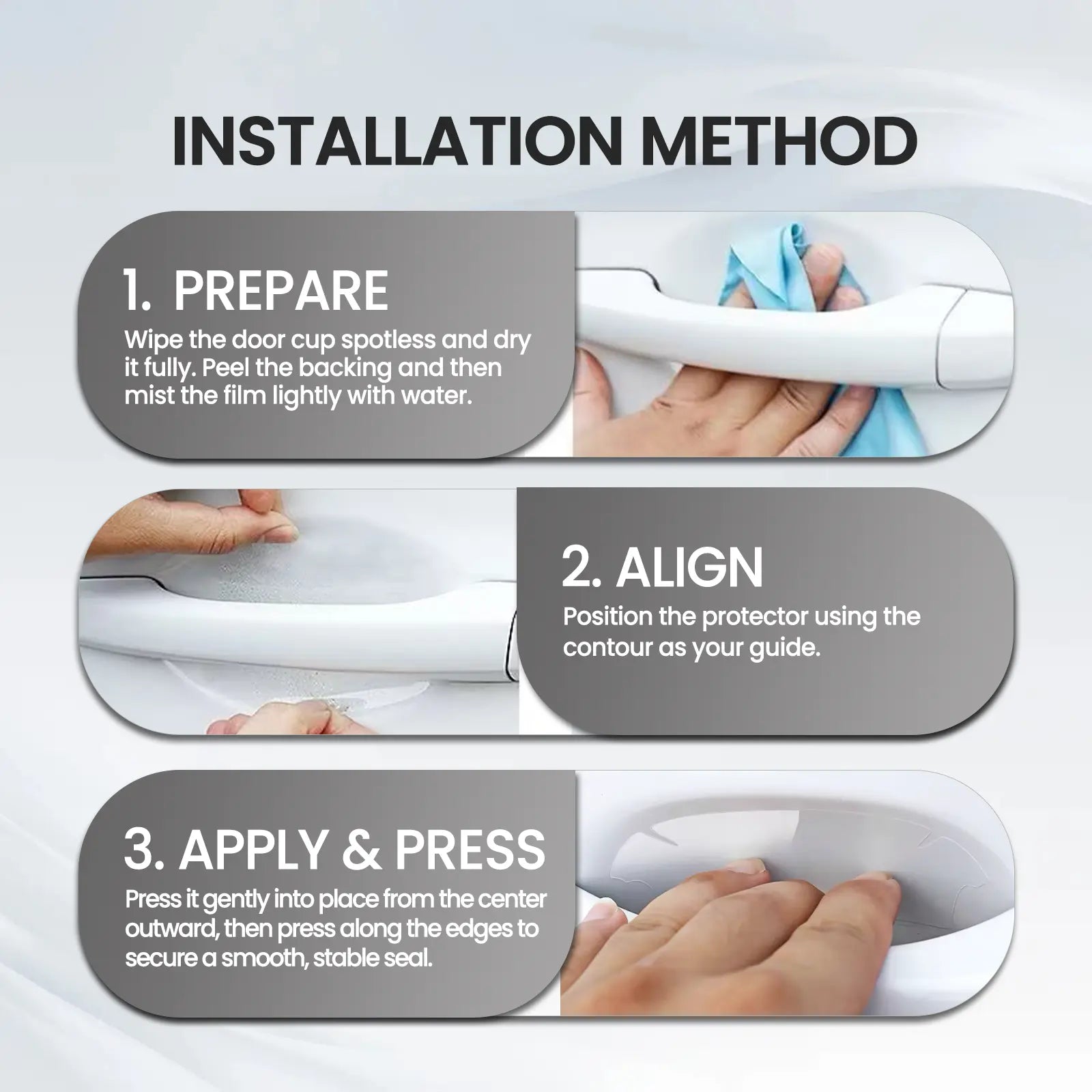 Step-by-step guide on installing a paint protection film with text and images.