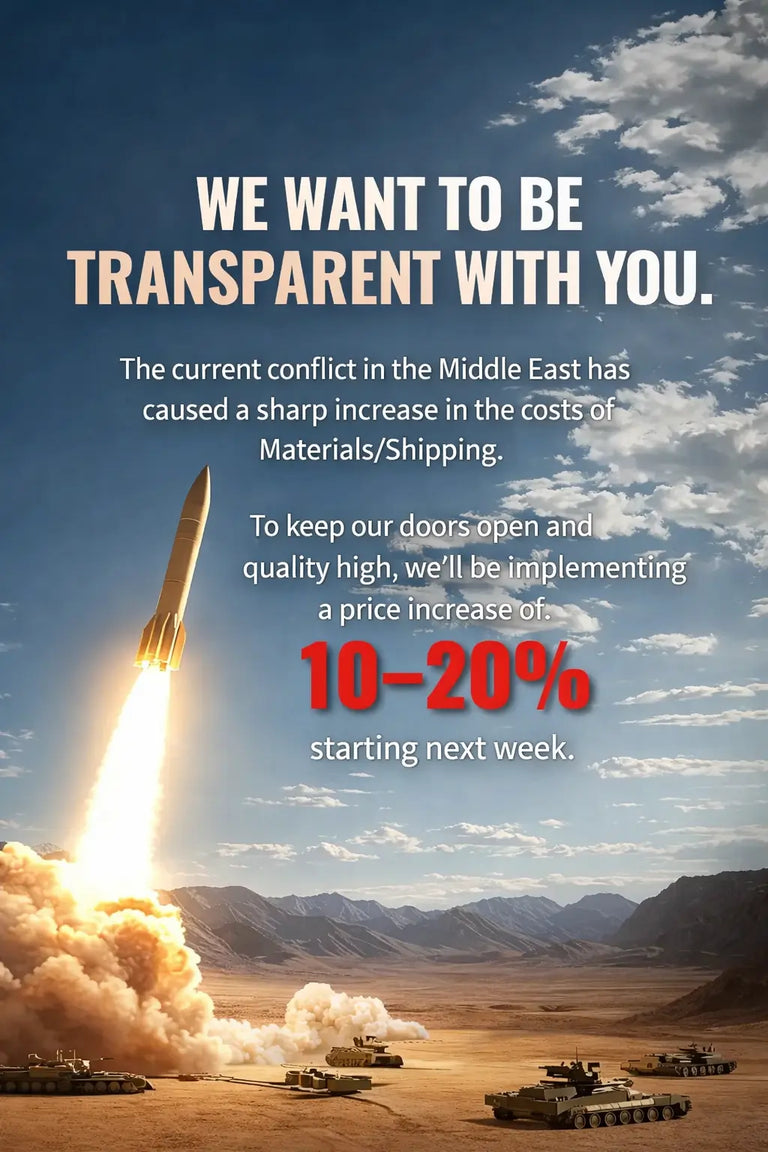 Advertisement with military imagery and text about price increase in the Middle East conflict.